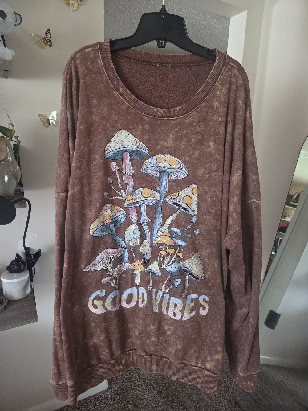 Acid Wash "Good Vibes" Mushroom Graphic Crewneck Sweatshirt Size 3XL
